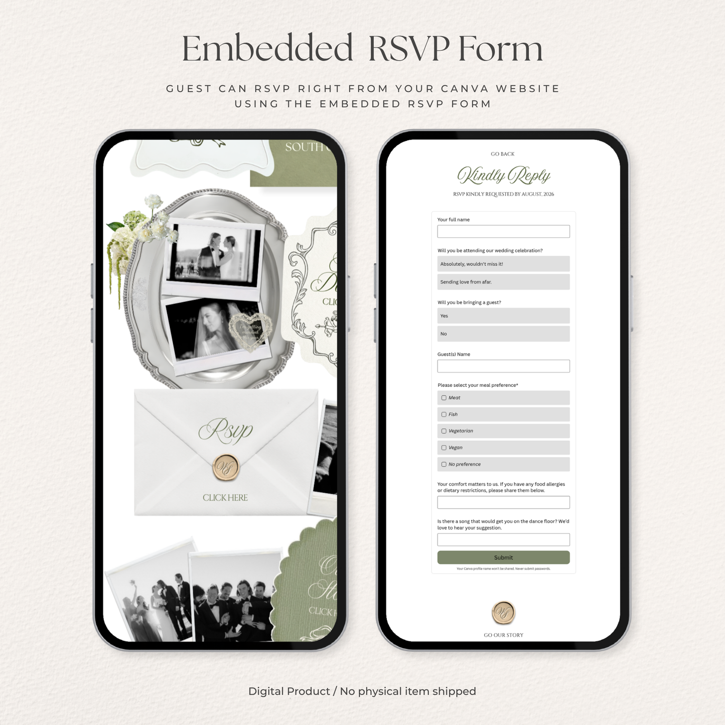 Sage Green & Ivory Floral Wedding Website Template with RSVP, Music and Countdown Timer: Editable Canva Design (Digital Download)
