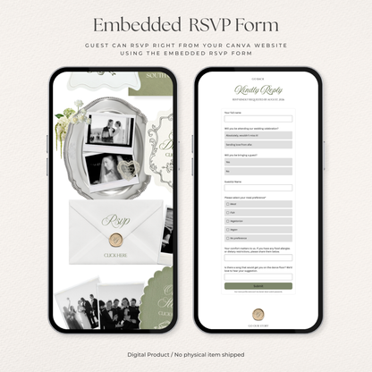 Sage Green & Ivory Floral Wedding Website Template with RSVP, Music and Countdown Timer: Editable Canva Design (Digital Download)