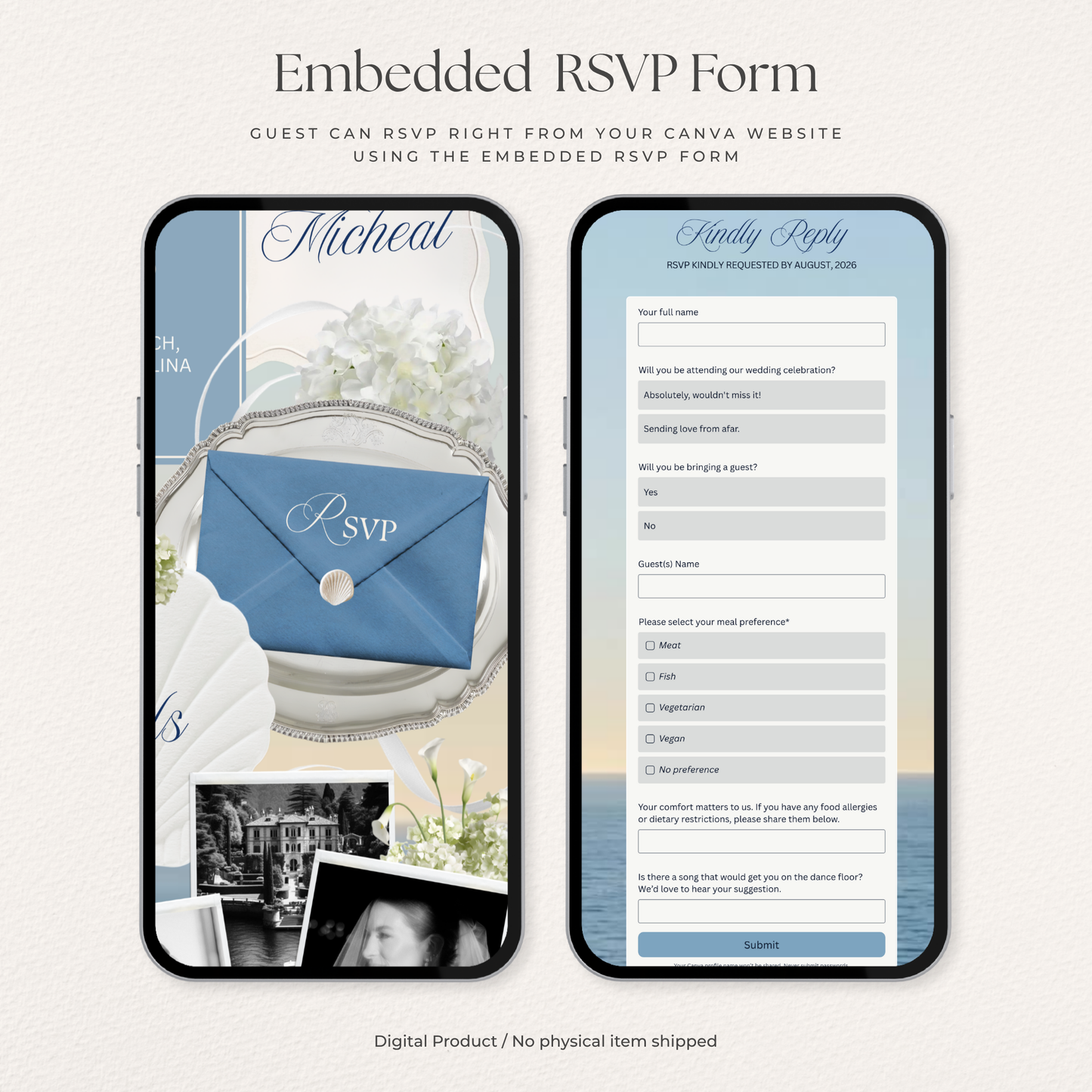 Dusty Blue Floral Wedding Website Template | Digital Wedding Invitation with RSVP, Music and Countdown Timer | Instant Download