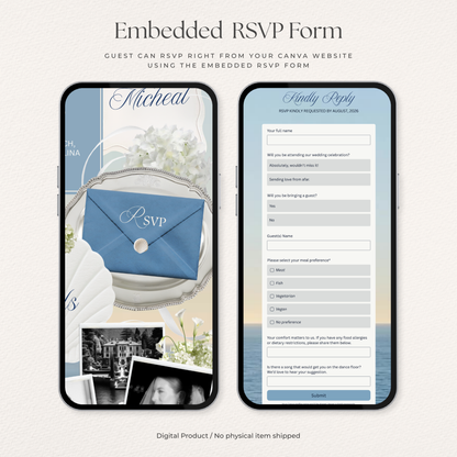 Dusty Blue Floral Wedding Website Template | Digital Wedding Invitation with RSVP, Music and Countdown Timer | Instant Download