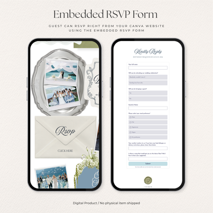 Dusty Blue Wedding Website Template with RSVP, Music and Countdown Timer: Elegant Editable Old Money Canva Site | Invitation Classic Wedding