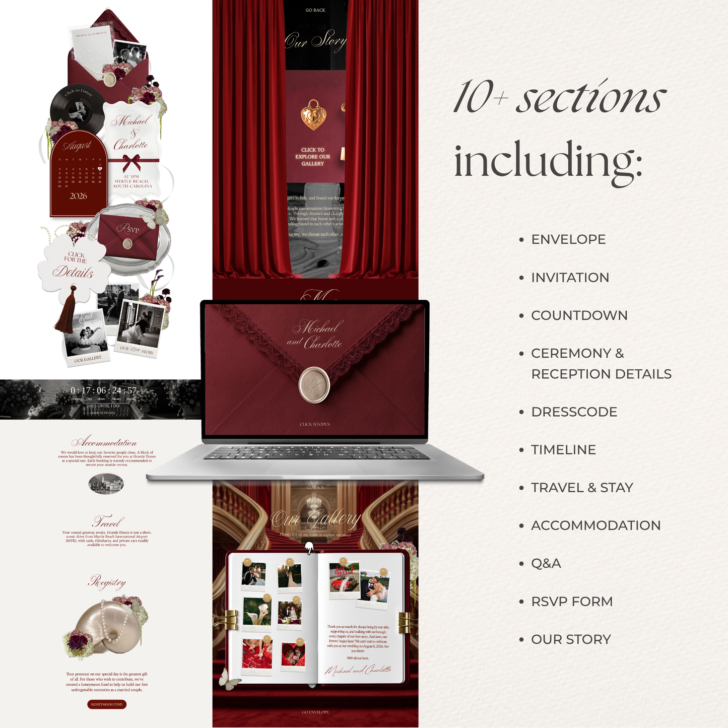 Burgundy Wedding Website Template | Digital Wedding Invitation with RSVP, Music and Countdown Timer | Instant Download