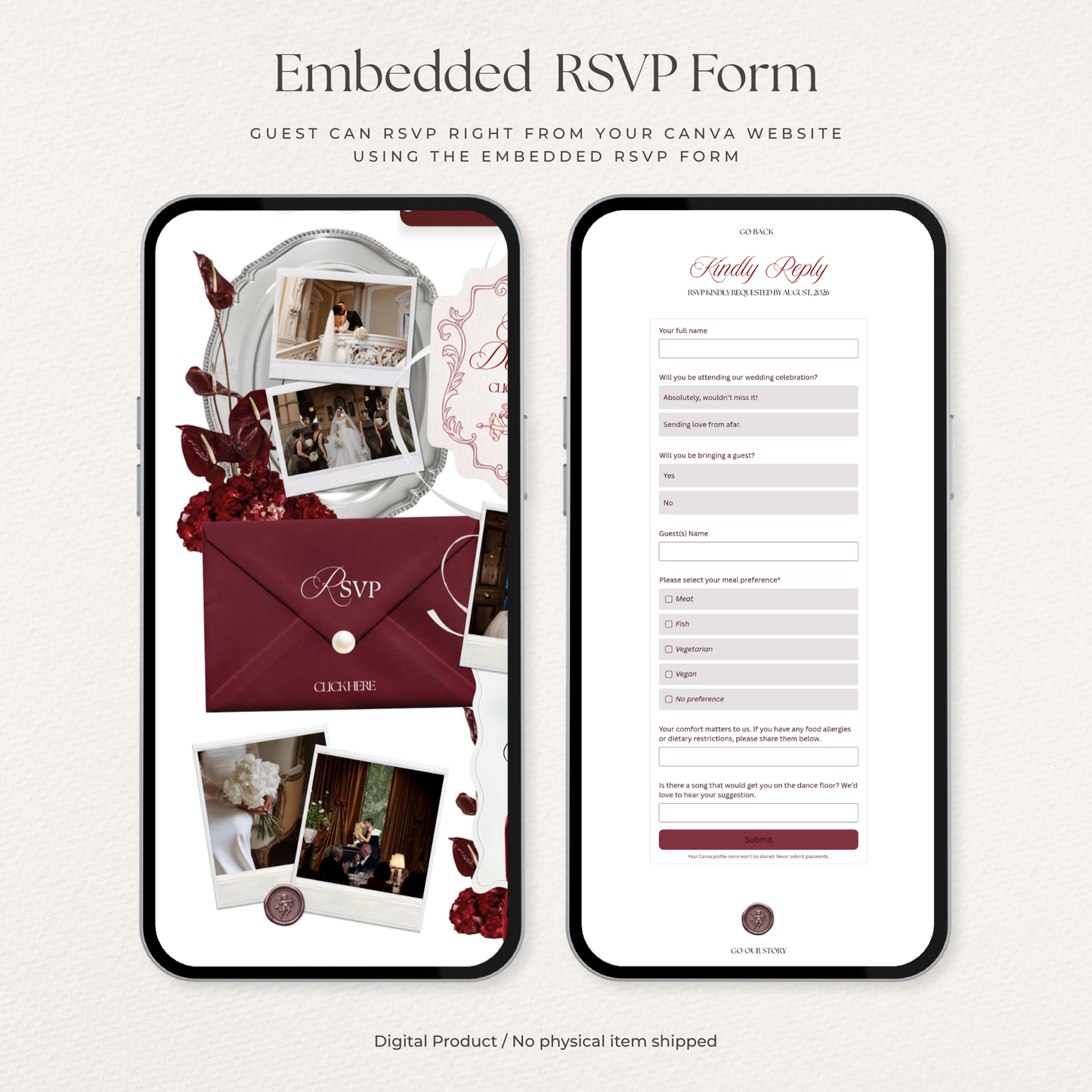 Burgundy & Ivory Vintage Floral Wedding Website Template with RSVP, Music and Countdown Timer | Editable Canva Design (Digital Download)