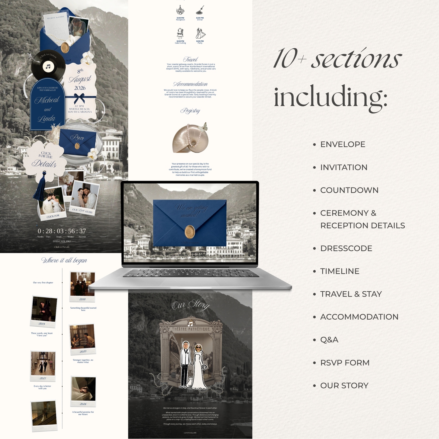 Navy & Dusty Blue Wedding Website Template with RSVP, Music and Countdown Timer: Editable Canva Design (Digital Download)