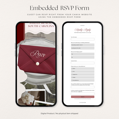 Burgundy Vintage Floral Wedding Website Template with RSVP, Music and Countdown Timer: Ivory Wedding invitations (Digital Download)