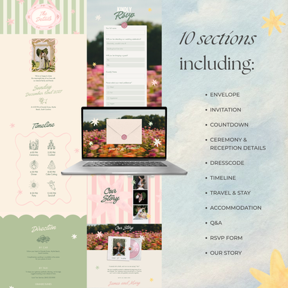 Colorful Floral Wedding Website Template with RSVP, Music and Countdown Timer: DIY Canva Template (Digital Download)