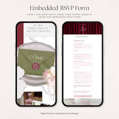 Burgundy, Green & Pink Floral Wedding Website Template with RSVP, Music and Countdown Timer: Editable Canva Design (Digital Download)