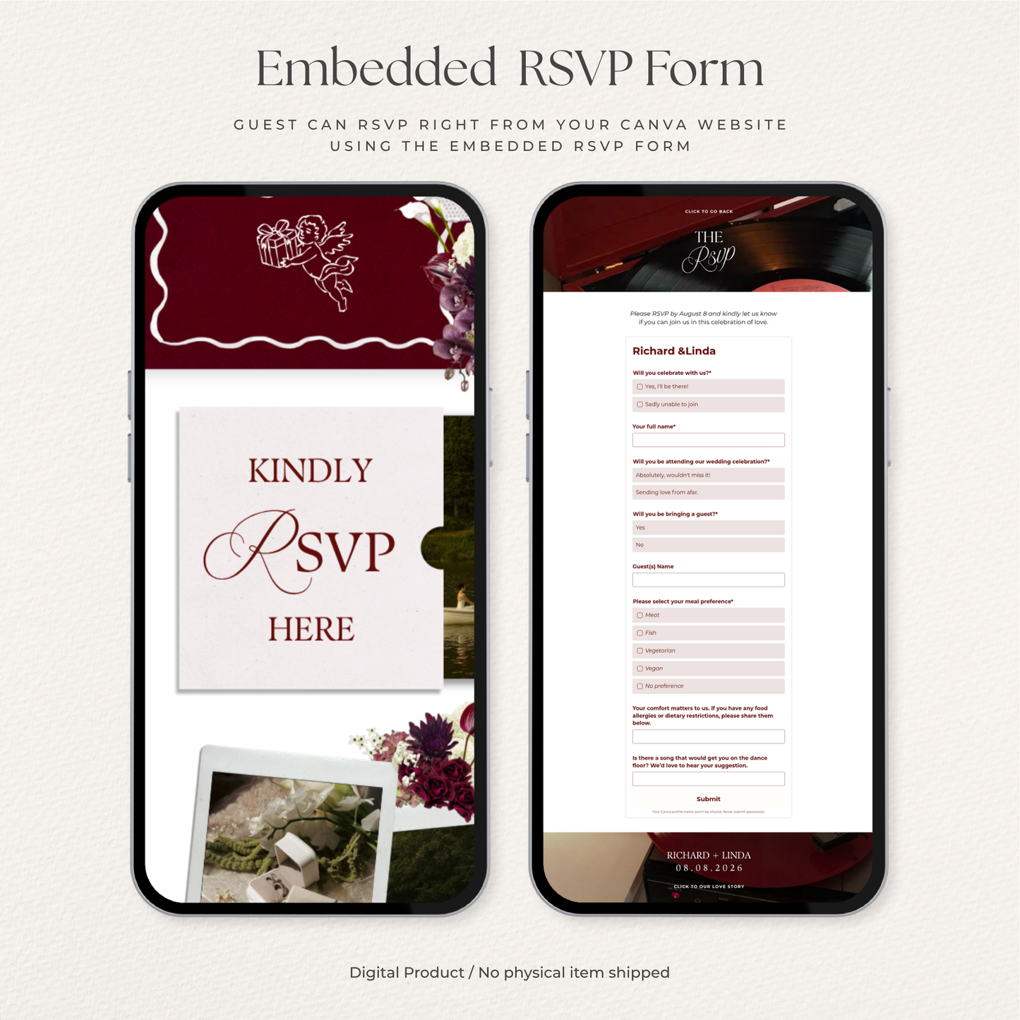 Burgundy Floral Wedding Website Template with RSVP, Music and Countdown Timer: Editable Canva Design (Digital Download)