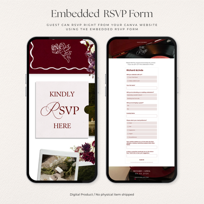 Burgundy Floral Wedding Website Template with RSVP, Music and Countdown Timer: Editable Canva Design (Digital Download)