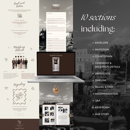 Brown Photo Booth Wedding Website Template with RSVP,Music and Countdown Timer: Modern Digital Wedding Invitation | Instant Download