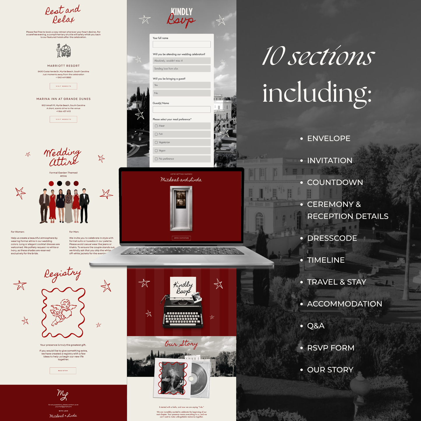 Burgundy Photo Booth Wedding Website Template with RSVP,Music and Countdown Timer: Modern Digital Wedding Invitation | Instant Download