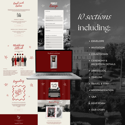 Burgundy Photo Booth Wedding Website Template with RSVP,Music and Countdown Timer: Modern Digital Wedding Invitation | Instant Download