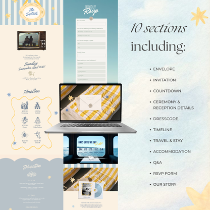 Blue & Yellow Retro Wedding Website Template | Digital Wedding Invitation with RSVP, Music and Coundown Timer | Instant Download