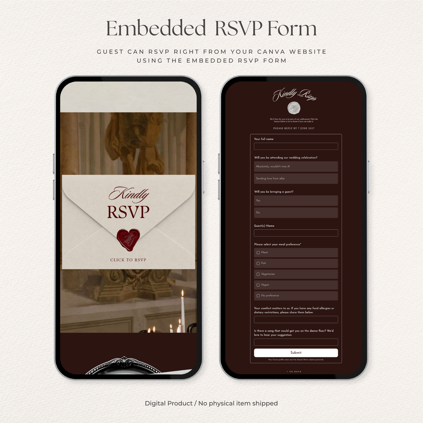 Old Money Wedding Website Template with RSVP, Music and Countdown Timer: Classic Burgundy Digital Invitation
