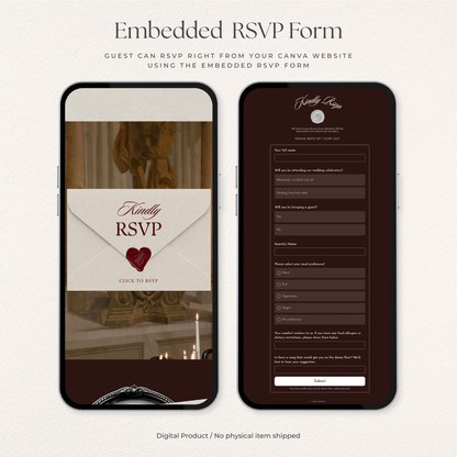 Old Money Wedding Website Template with RSVP, Music and Countdown Timer: Classic Burgundy Digital Invitation