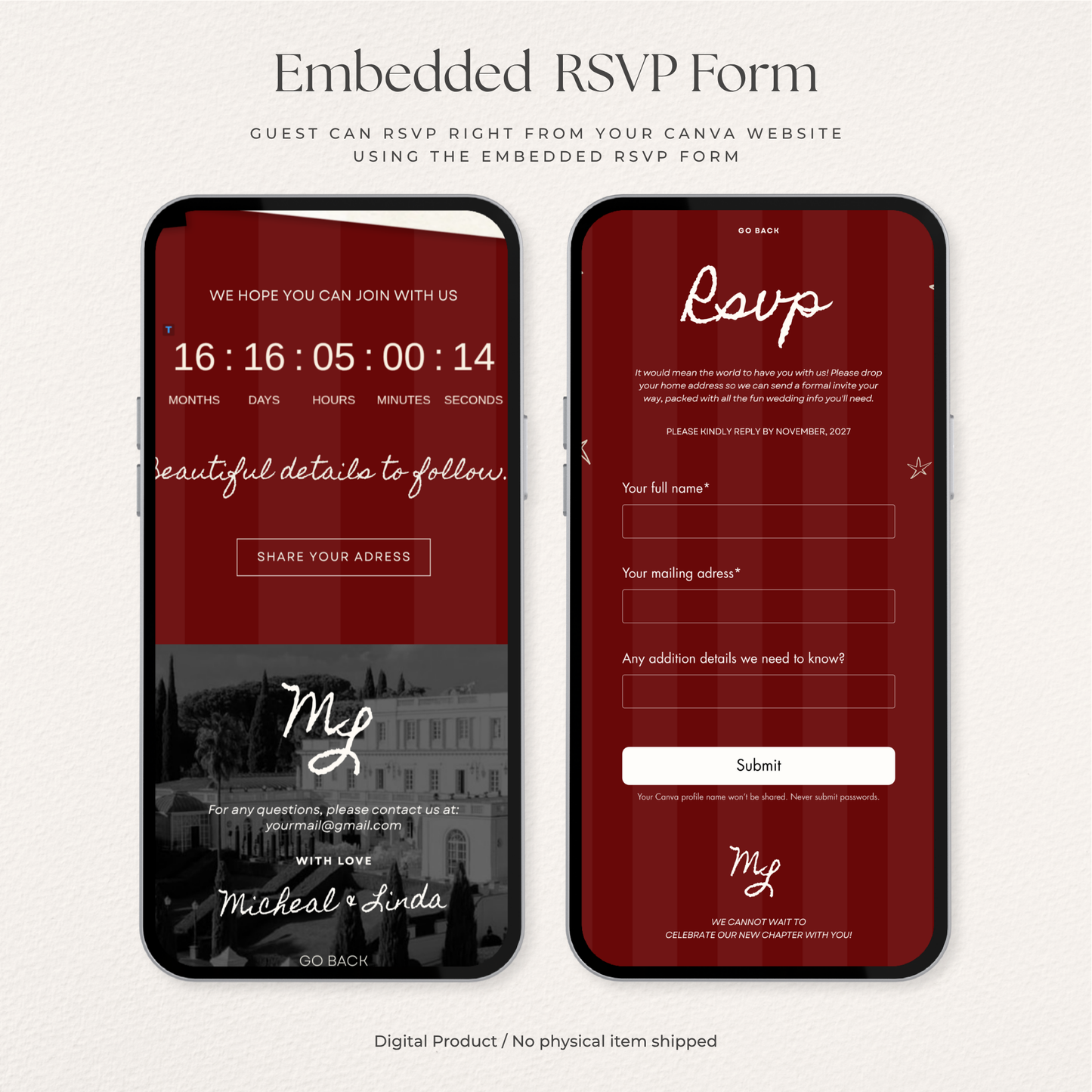 Burgundy Photo Booth Save the Date with RSVP, Editable Canva Wedding Website, Digital Invitation | Instant Download