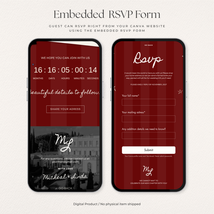 Burgundy Photo Booth Save the Date with RSVP, Editable Canva Wedding Website, Digital Invitation | Instant Download