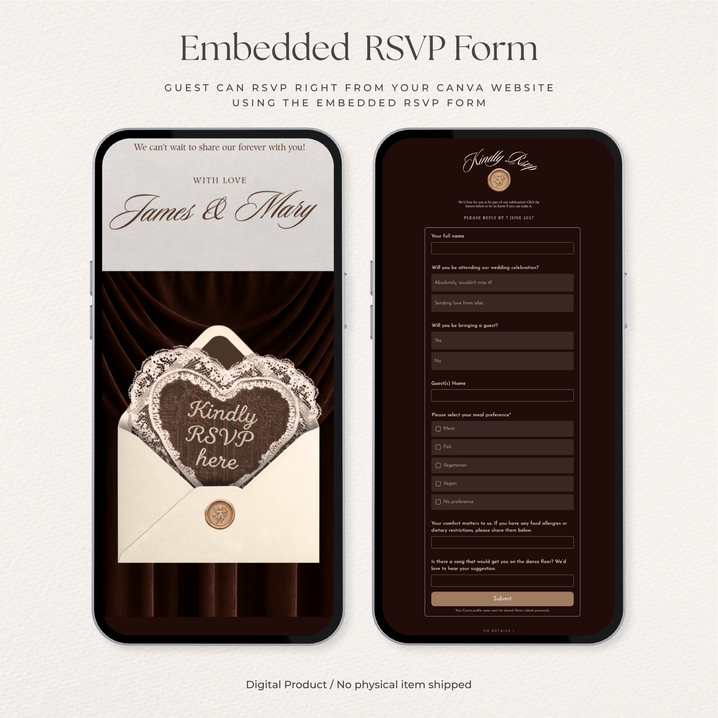 Old Money Wedding Website Template with RSVP, Music and Countdown Timer: Classic Brown Digital Invitation
