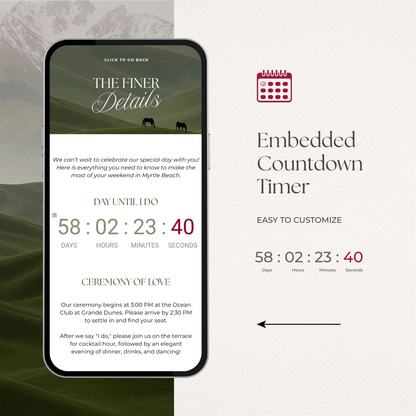 Olive Green & Burgundy Floral Wedding Website Template with RSVP, Countdown and Music: Editable Canva Design (Digital Download)