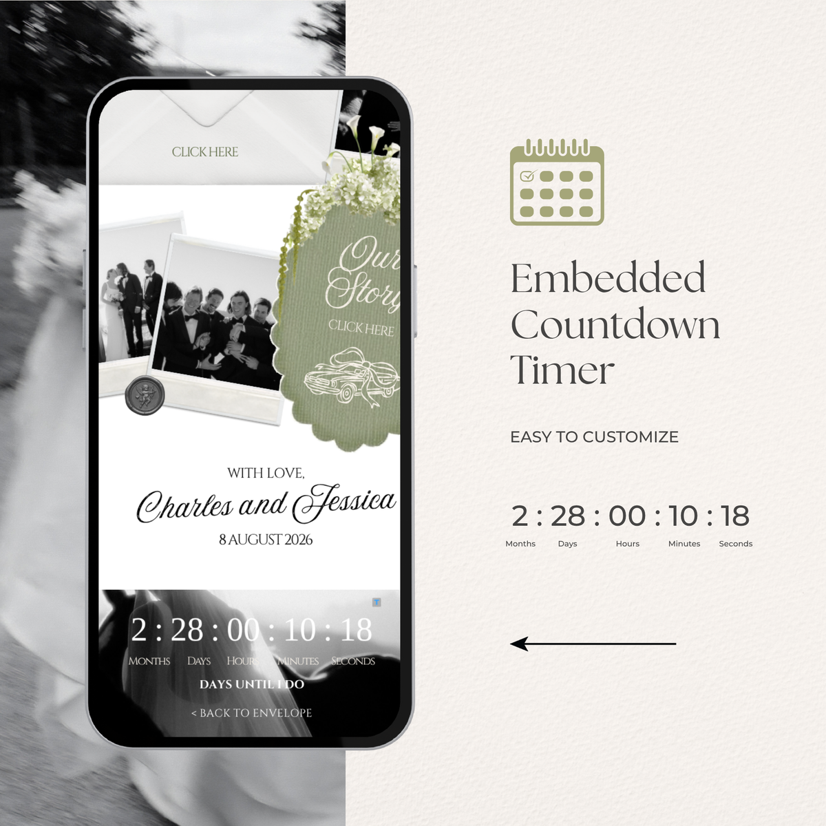 Ivory, Green & Black Floral Wedding Website Template with RSVP, Music and Countdown Timer: Editable Canva Design (Digital Download)