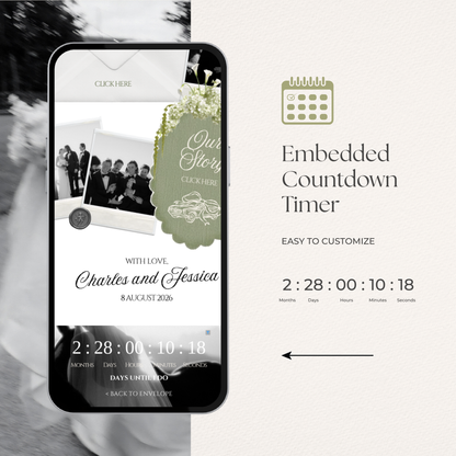 Ivory, Green & Black Floral Wedding Website Template with RSVP, Music and Countdown Timer: Editable Canva Design (Digital Download)