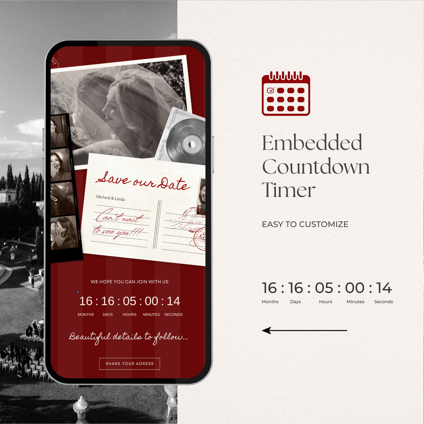 Burgundy Photo Booth Save the Date with RSVP, Editable Canva Wedding Website, Digital Invitation | Instant Download