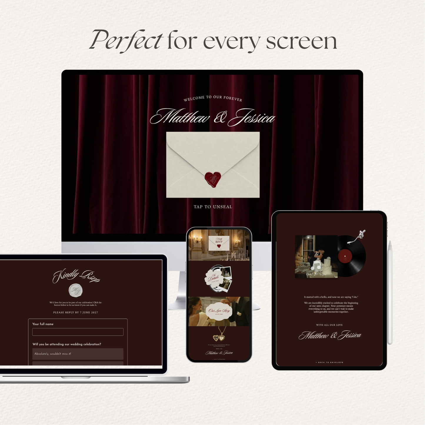 Old Money Wedding Website Template with RSVP, Music and Countdown Timer: Classic Burgundy Digital Invitation
