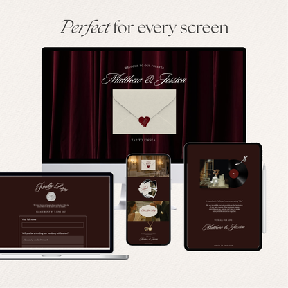 Old Money Wedding Website Template with RSVP, Music and Countdown Timer: Classic Burgundy Digital Invitation