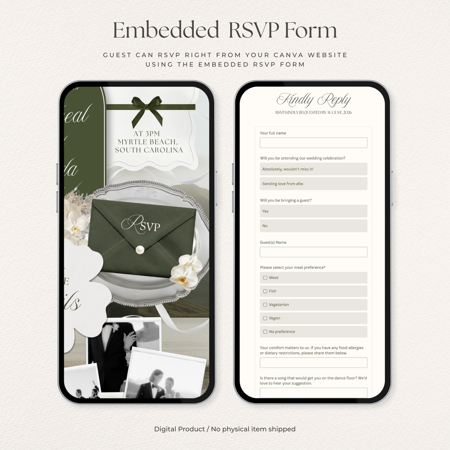 Olive Green Floral Wedding Website Template with RSVP, Music and Countdown Timer: DIY Canva Template (Digital Download)