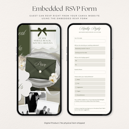 Olive Green Floral Wedding Website Template with RSVP, Music and Countdown Timer: DIY Canva Template (Digital Download)