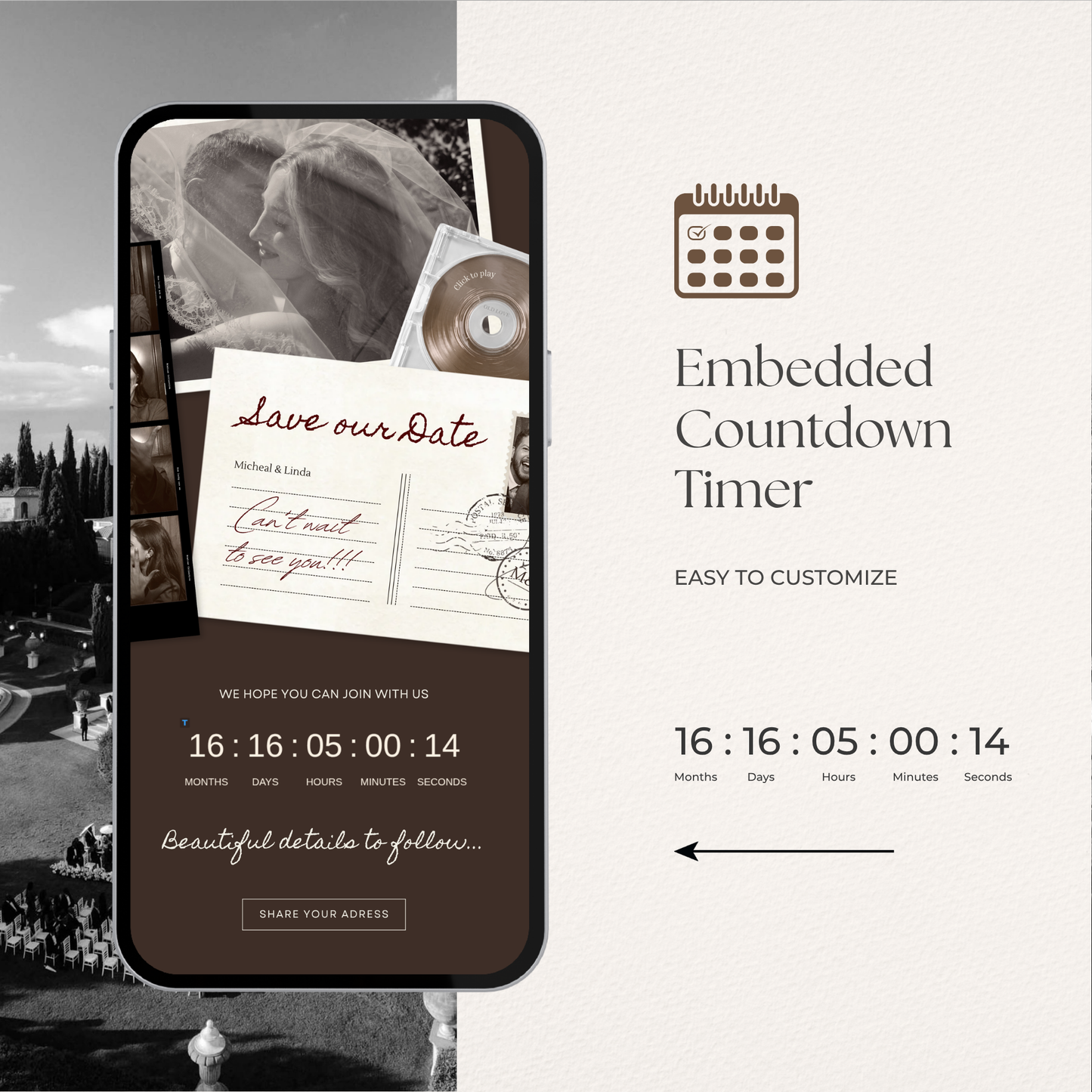 Brown Photo Booth Save the Date with RSVP, Editable Canva Wedding Website, Digital Invitation | Instant Download