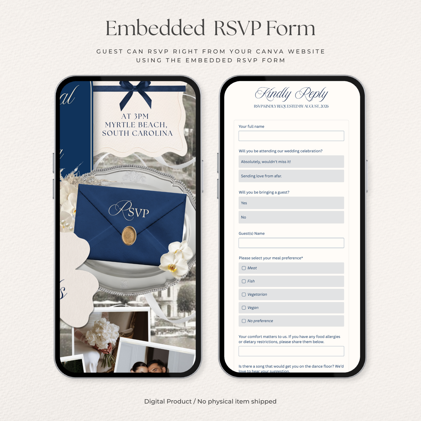 Navy & Dusty Blue Wedding Website Template with RSVP, Music and Countdown Timer: Editable Canva Design (Digital Download)