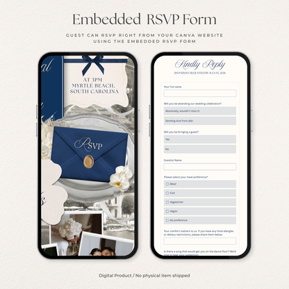 Navy & Dusty Blue Wedding Website Template with RSVP, Music and Countdown Timer: Editable Canva Design (Digital Download)