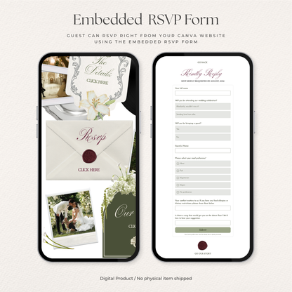 Olive Green & Burgundy Floral Wedding Website Template with RSVP, Music and Countdown Timer: Editable Canva Design (Digital Download)
