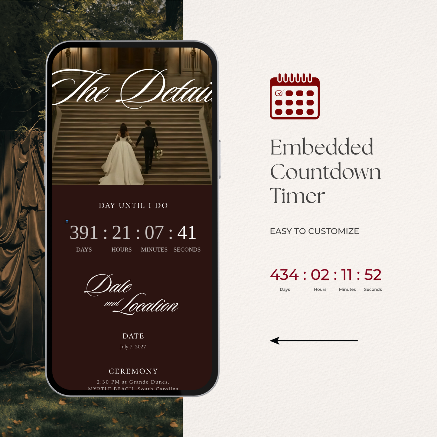 Old Money Wedding Website Template with RSVP, Music and Countdown Timer: Classic Burgundy Digital Invitation