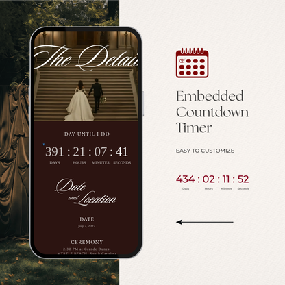 Old Money Wedding Website Template with RSVP, Music and Countdown Timer: Classic Burgundy Digital Invitation