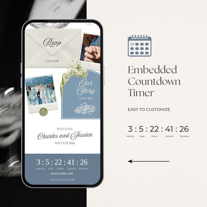 Dusty Blue Wedding Website Template with RSVP, Music and Countdown Timer: Elegant Editable Old Money Canva Site | Invitation Classic Wedding