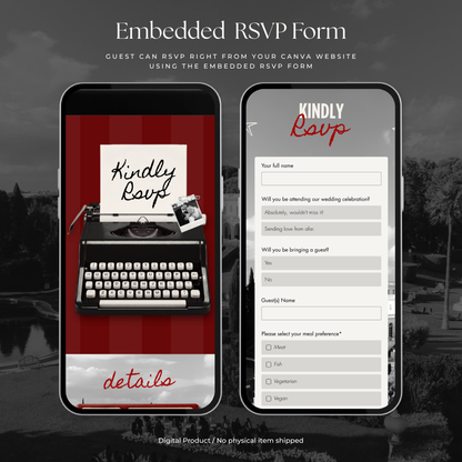 Burgundy Photo Booth Wedding Website Template with RSVP,Music and Countdown Timer: Modern Digital Wedding Invitation | Instant Download
