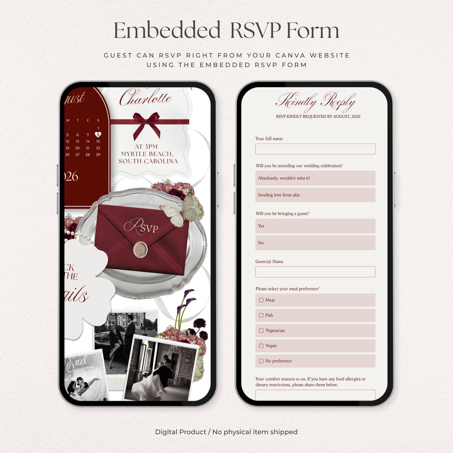 Burgundy Wedding Website Template | Digital Wedding Invitation with RSVP, Music and Countdown Timer | Instant Download