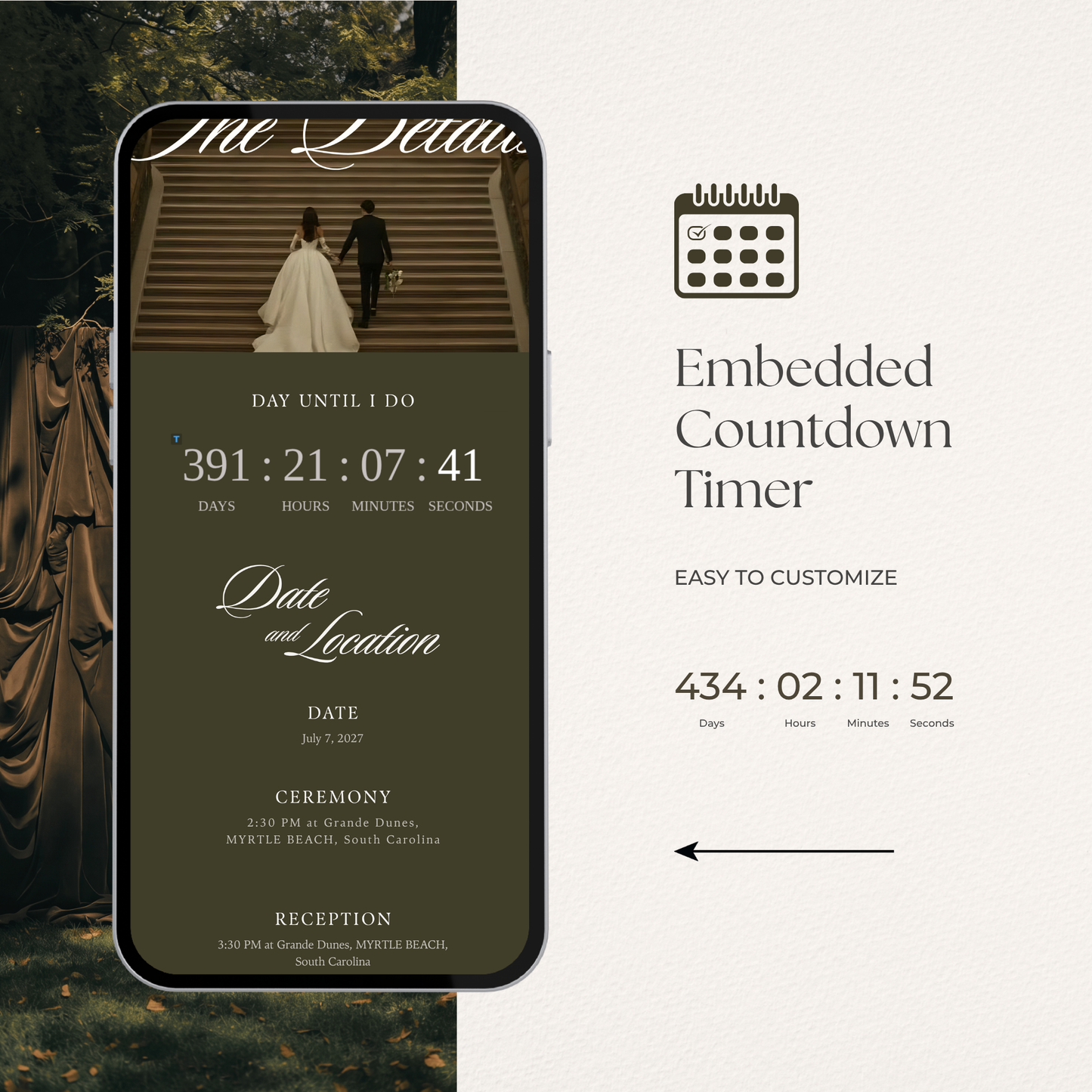 Olive Green Wedding Website Template with RSVP, Music and Countdown Timer: Old Money Wedding Invitation | Classic Digital Invitation
