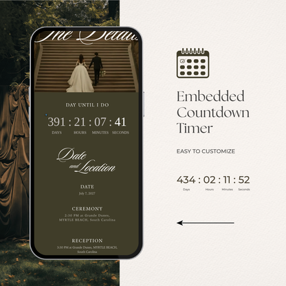 Olive Green Wedding Website Template with RSVP, Music and Countdown Timer: Old Money Wedding Invitation | Classic Digital Invitation