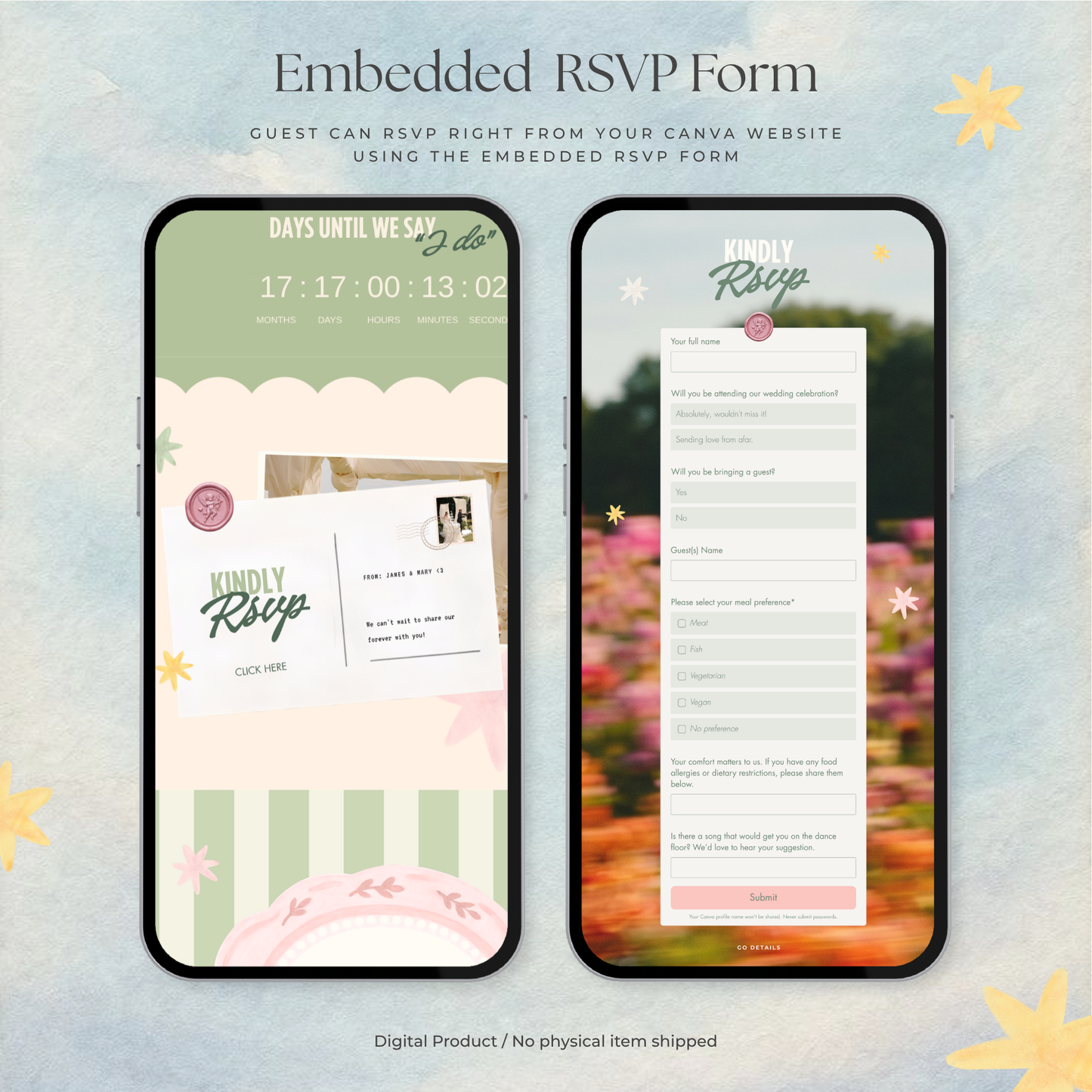 Colorful Floral Wedding Website Template with RSVP, Music and Countdown Timer: DIY Canva Template (Digital Download)