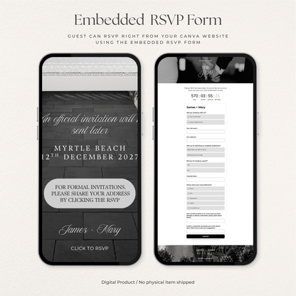 Black White Romantic Lace Save the Date Website with Details Form, RSVP and Countdown Timer: Canva Digital Invitation (Digital Download)