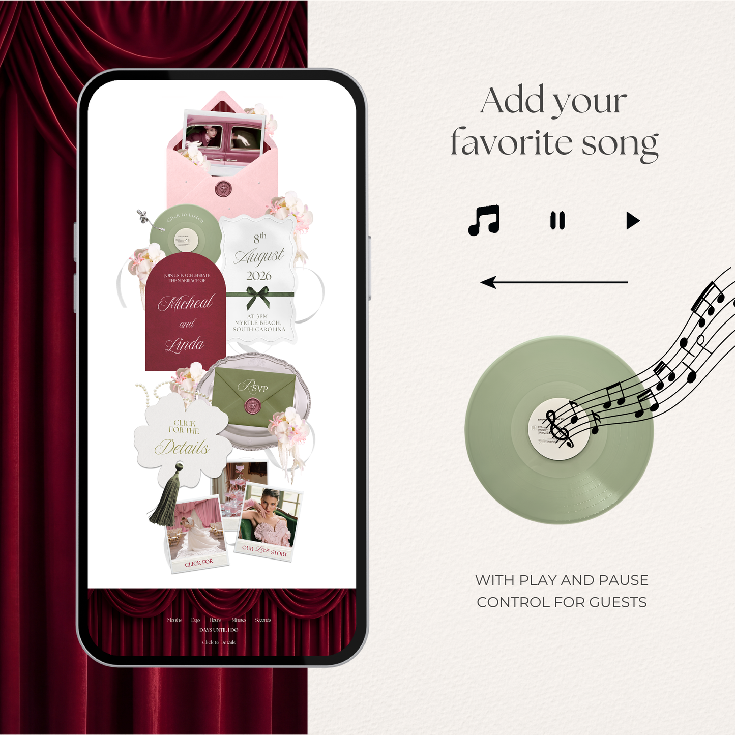 Burgundy, Green & Pink Floral Wedding Website Template with RSVP, Music and Countdown Timer: Editable Canva Design (Digital Download)
