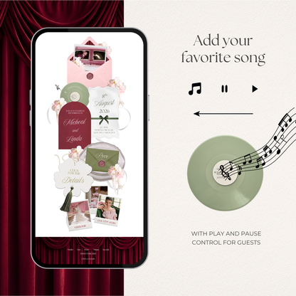 Burgundy, Green & Pink Floral Wedding Website Template with RSVP, Music and Countdown Timer: Editable Canva Design (Digital Download)