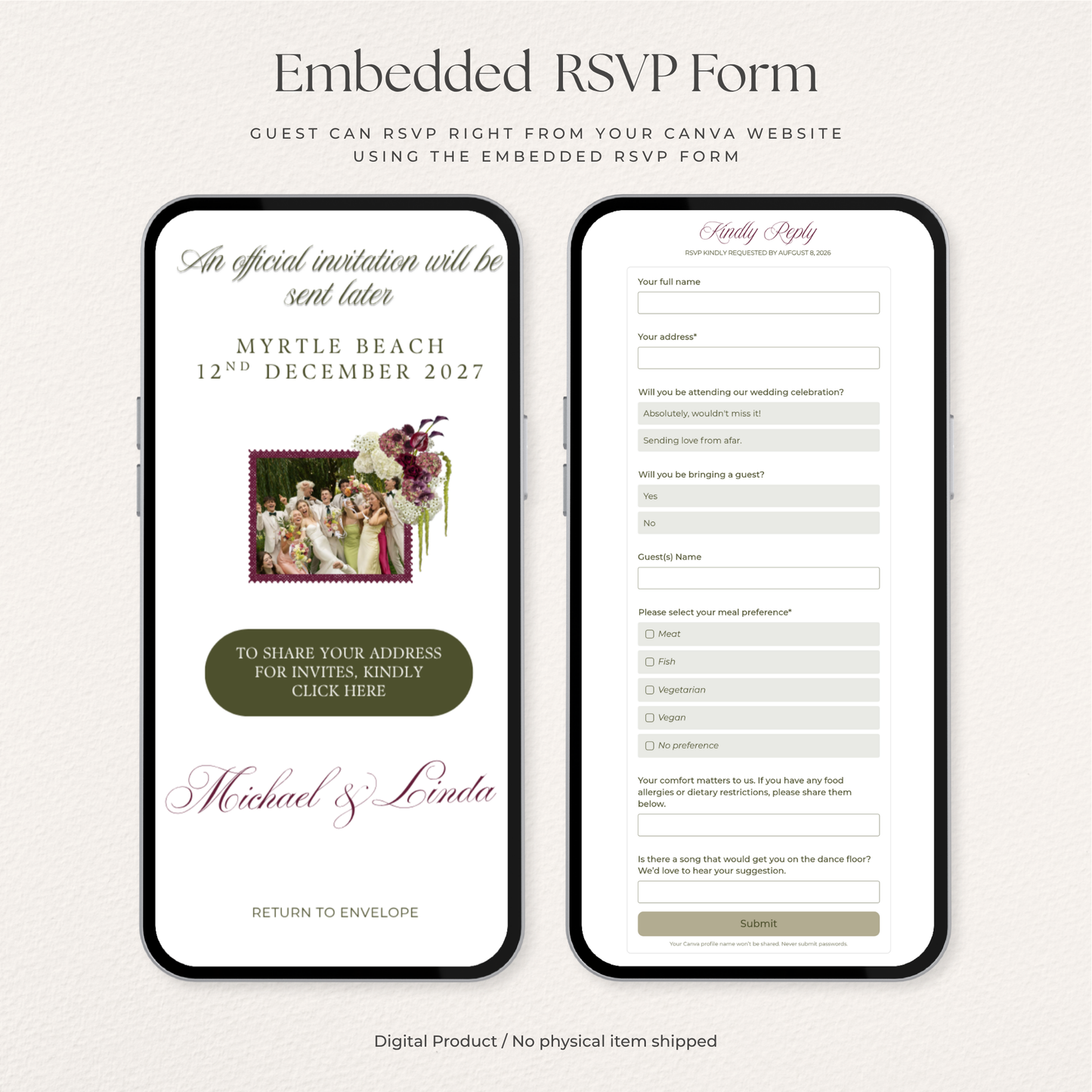 Olive Green & Burgundy Save the Date Website with RSVP, Countdown Timer: DIY Canva Template (Digital Download)