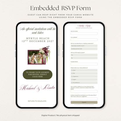 Olive Green & Burgundy Save the Date Website with RSVP, Countdown Timer: DIY Canva Template (Digital Download)