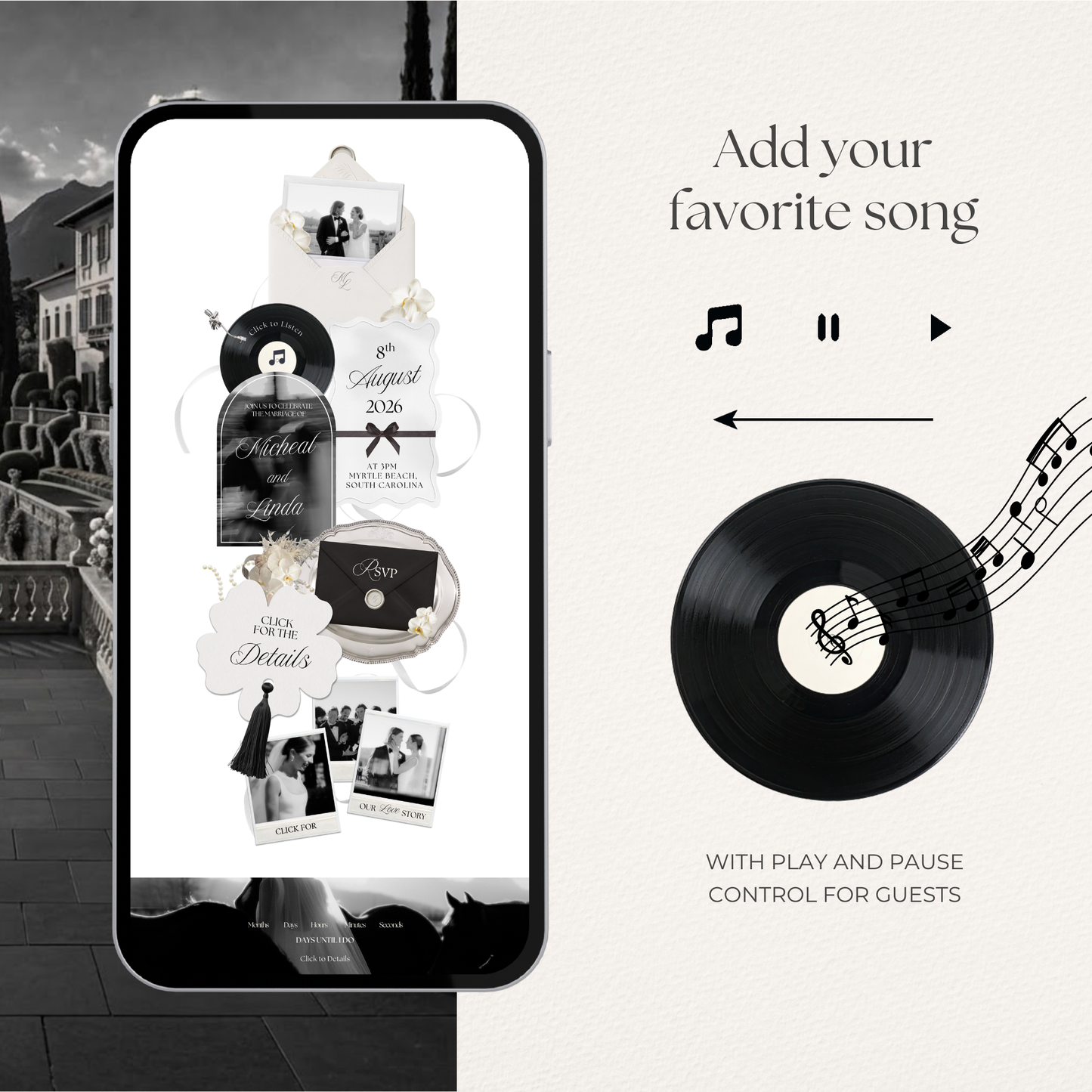 White & Black Floral Wedding Website Template with RSVP, Music and Countdown Timer | Wedding invites (Digital Download)