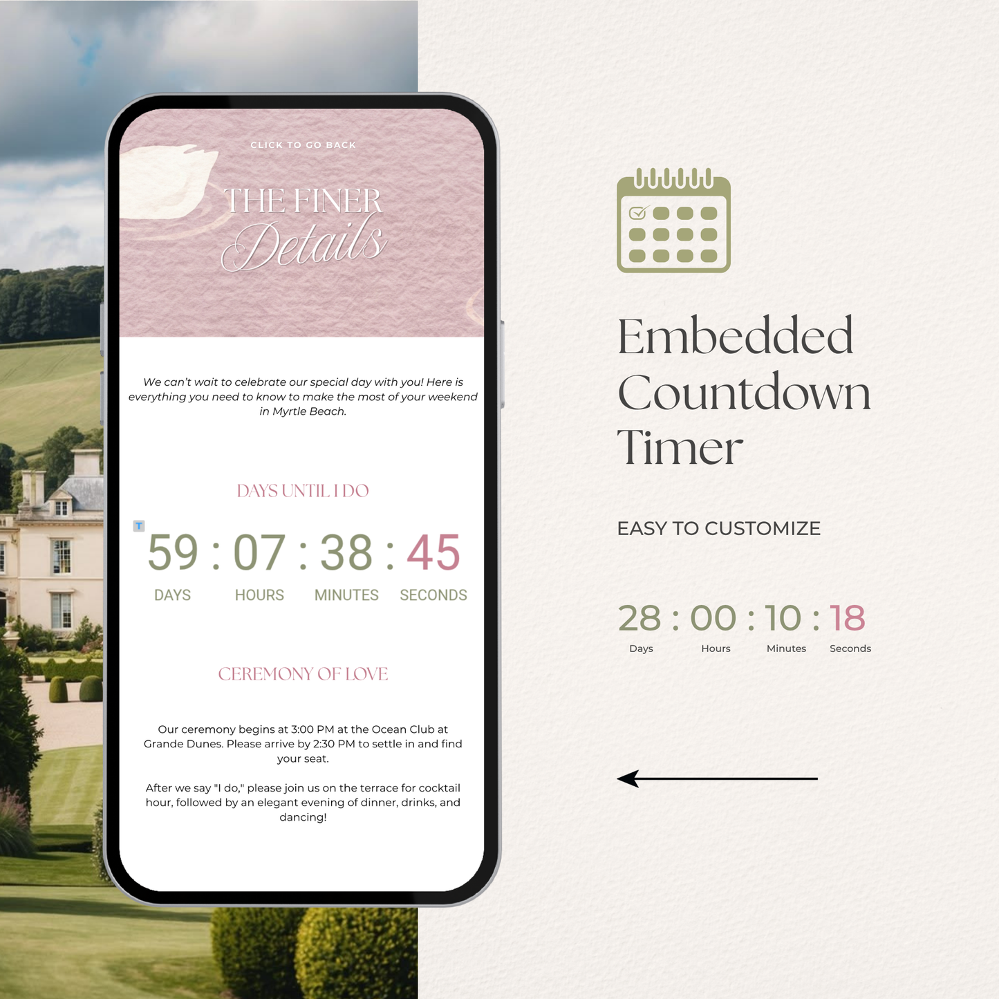 Pink & Green Floral Wedding Website Template with RSVP, Music and Countdown Timer: Editable Canva Design (Digital Download)