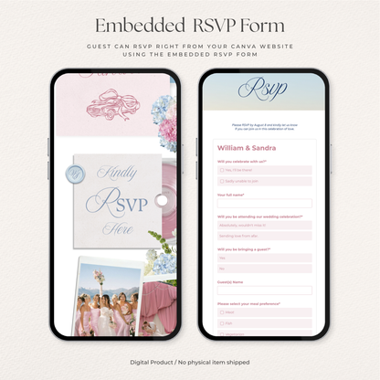 Blush Pink & Blue Floral Wedding Website Template with RSVP, Countdown and Music: Editable Canva Design (Digital Download)